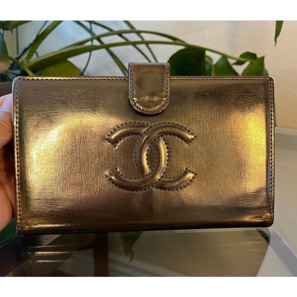 Authentic Chanel Metallic Lambskin Folding Snap Long Wallet W/ COA